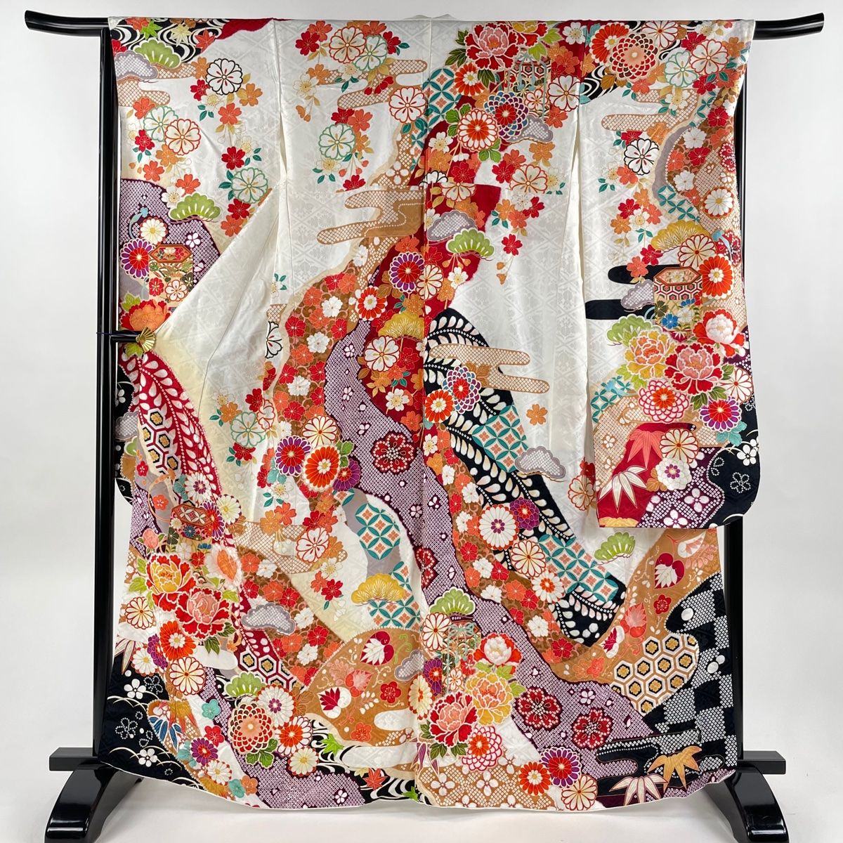 平和屋着物□豪華振袖 型染め 松皮菱吉祥草花文 正絹 逸品 CAAO0527ze 
