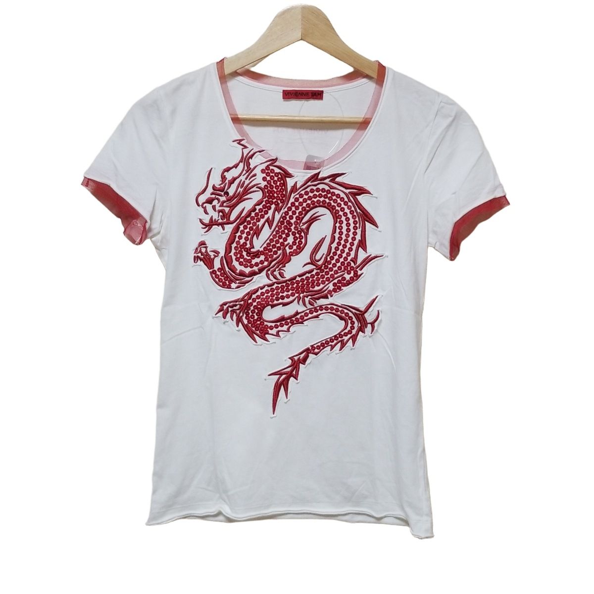 ヴィヴィアンタム 半袖Tシャツ サイズ0 XS レディース - 白×レッド クルーネック|ドラゴン 龍 |スパンコール|刺繍|ラインストーン