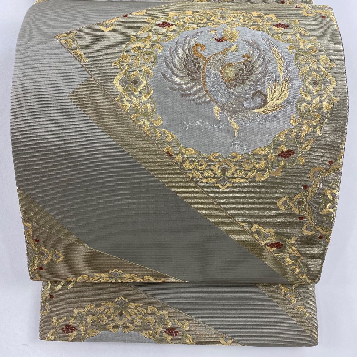袋帯 美品 秀品 鳳凰 華文 金糸 箔 灰緑 六通 正絹 【中古】