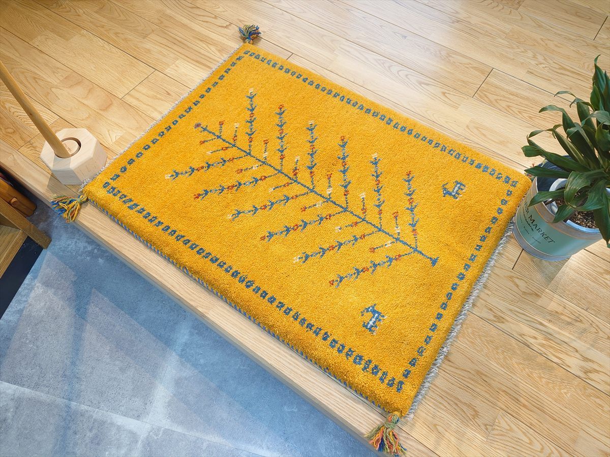 ペルシャ ギャッベ 玄関マット ラグ 84x62cm 黄金色 生命の木 RJ7980