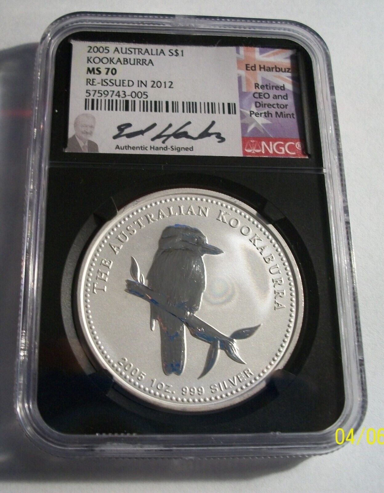 2005 Atralia Kookaburra NGC MS70 1 oz Silver BLACK Ce signed Ed Harbuz
