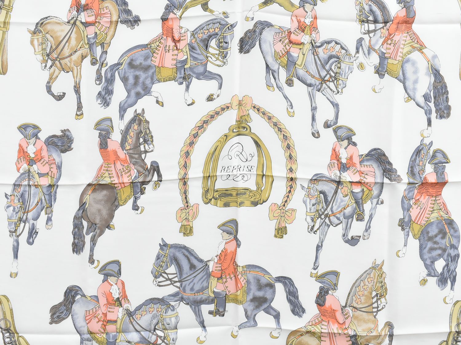 本物 エルメス HERMES スカーフカレ カレ90 REPRISE 乗馬風景 スカーフ ショール バンダナ シルク レッド ホワイト 服飾小物 フォロー割