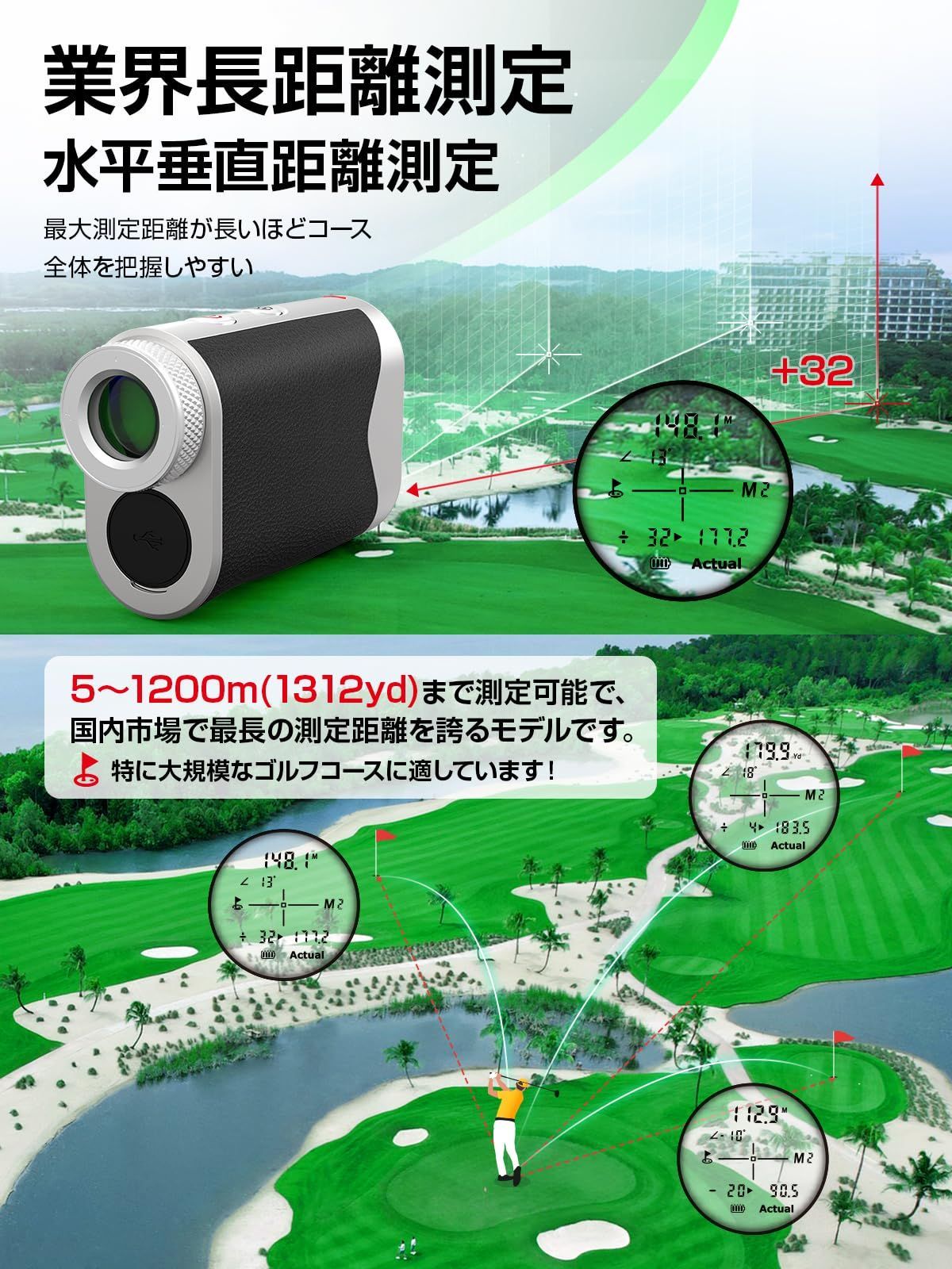 FaahGolF ゴルフレーザー距離計 【120g史上超軽量小型・レザー表地・業界最速0.05秒測定】 1200m/1312yd対応 ゴルフ距離計 充電式 6倍望遠 高透過率レンズ M1000距離計測器 高低差測定ON/OFF スロープモード スキャン機能