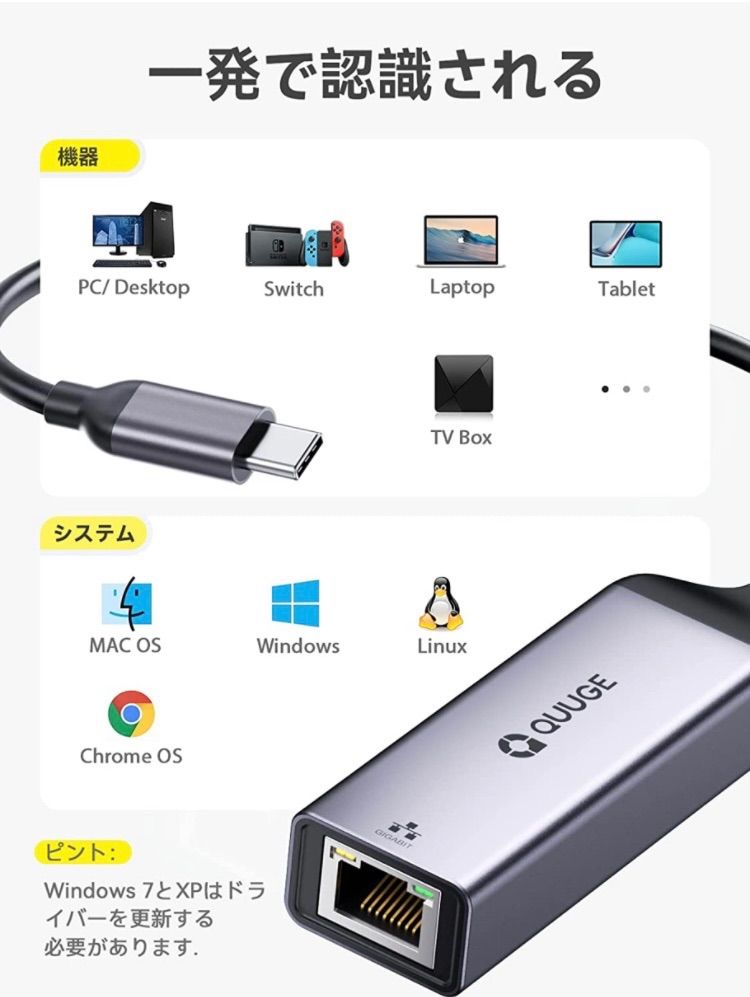 QUUGE USB-A 有線LANアダプタ Switch対応 USB2.0 Type-A to RJ45 変換