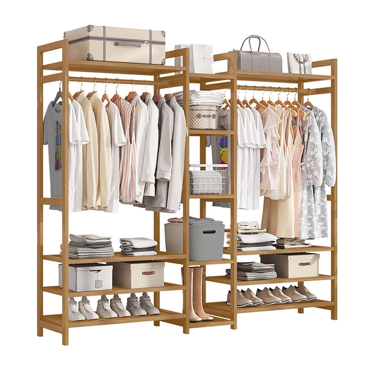衣類収納棚 棚付き 洋服ラック オープンラック コートハンガー 洋服掛け クローゼット 収納ラック ワードローブ 大容量 天然竹製 頑丈 ハンガーラック A|170*30*150cm PASRLD
