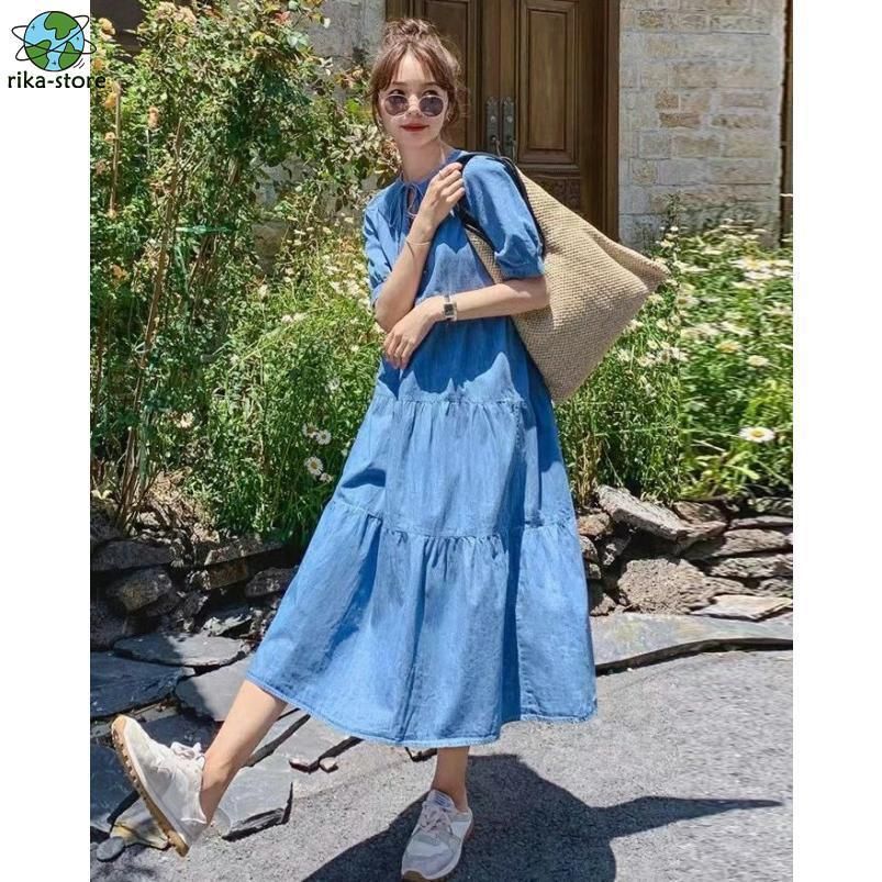 デニムワンピース ロング 半袖 ティアードワンピース Aライン