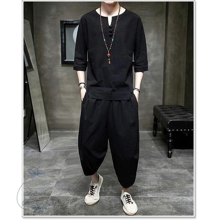 甚平 メンズ 長袖 作務衣 夏用 男性用 麻 浴衣 着物 刺繍 部屋着 夏