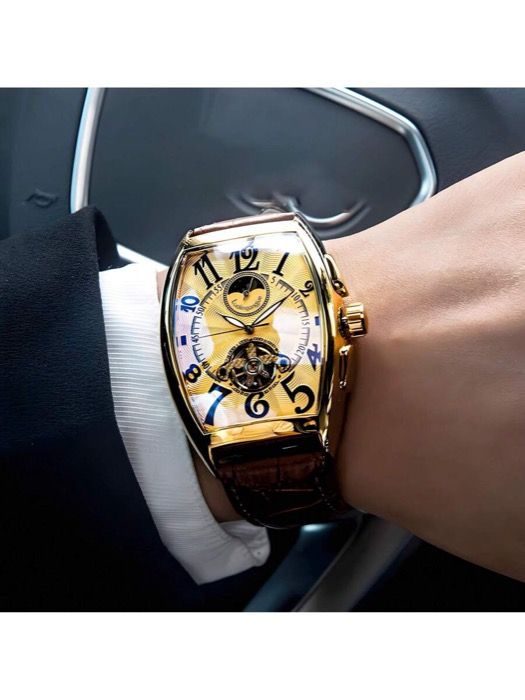 腕時計 メンズ 機械式 1個 メンズ機械式腕時計 ヨーロッパ アメリカンスタイル バレルシェイプダイヤル 機械式ムーブメント ファッションミニマリスト 中空ダイヤル設計