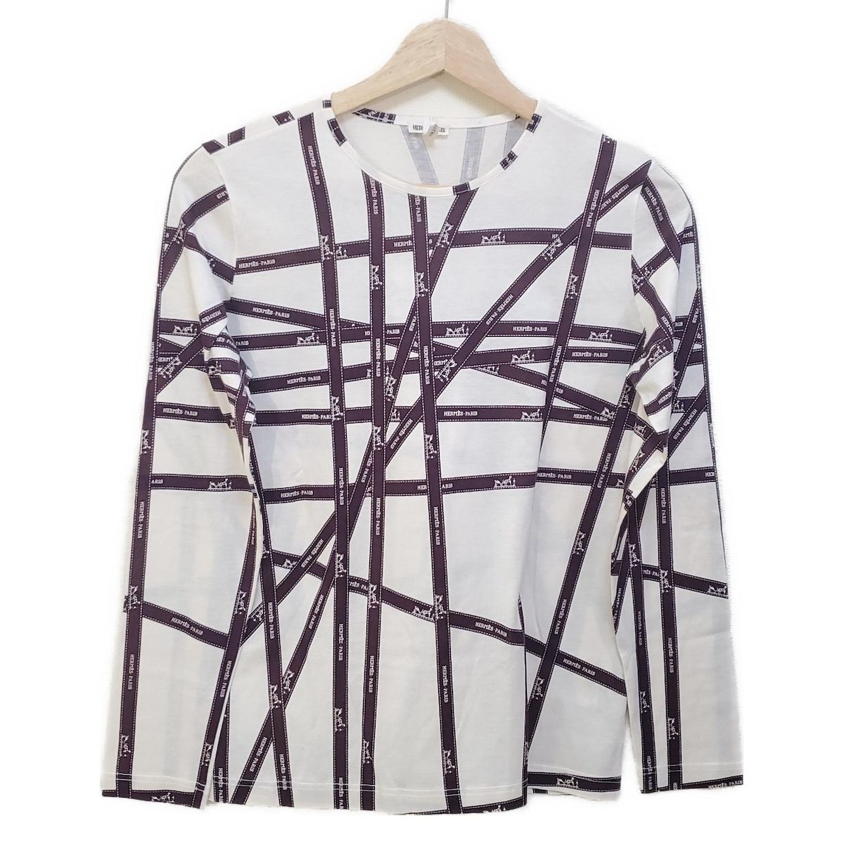 HERMES エルメス 長袖Tシャツ サイズXS レディース - アイボリー×ダークブラウン クルーネック|ボルデュックリボン柄