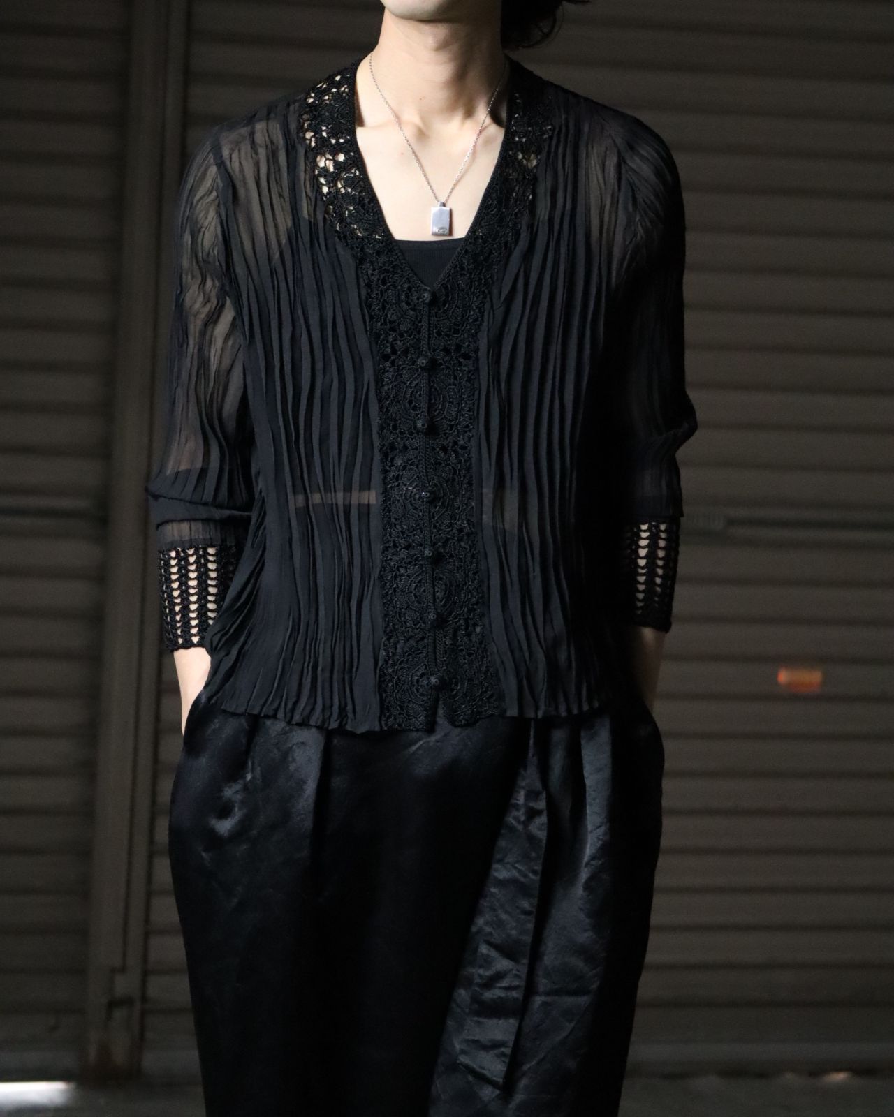 crochet × pleats design sheer shirt black クロシェ編み ランダム