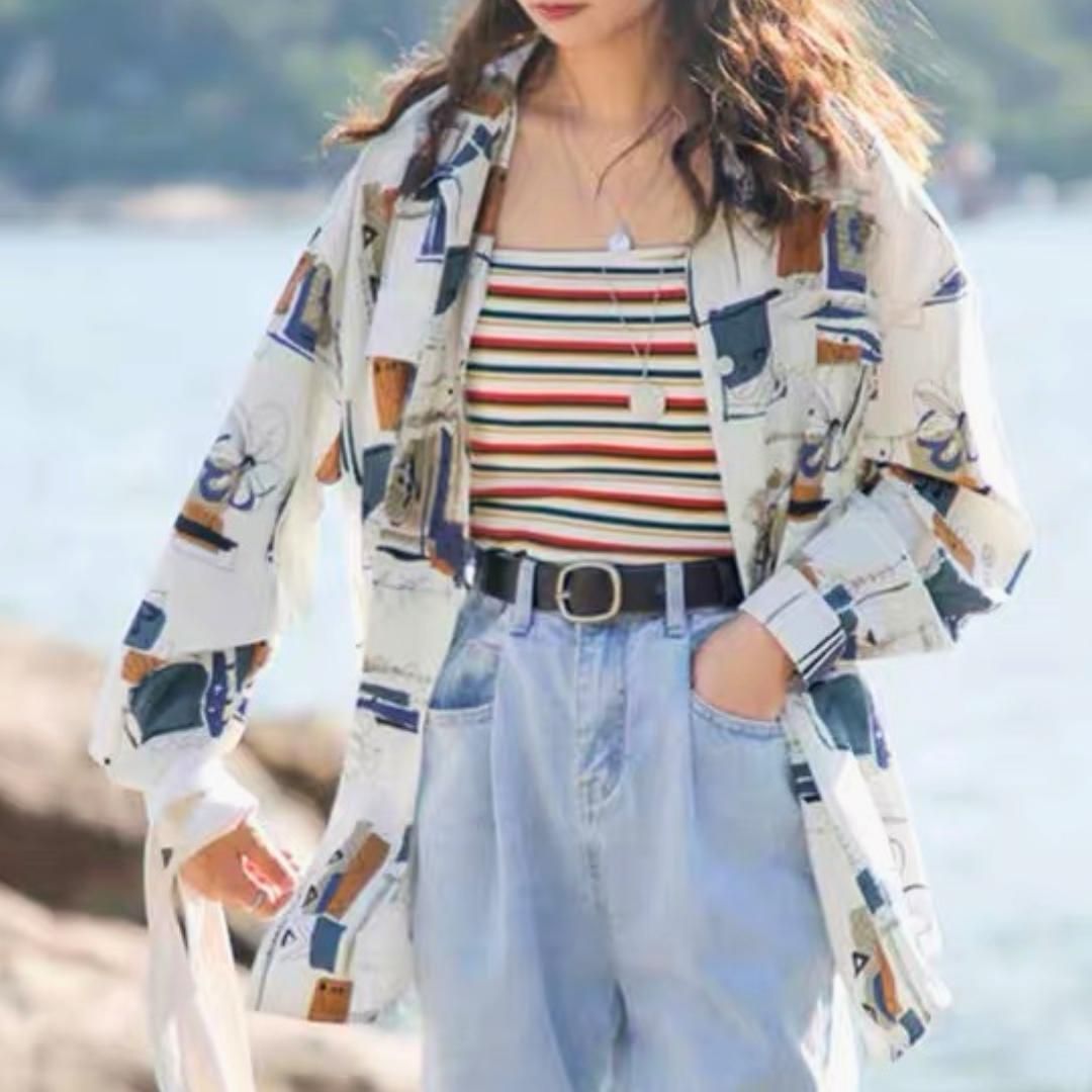 柄シャツ レディース 長袖 薄手 Lサイズ 古着風 白 インポート