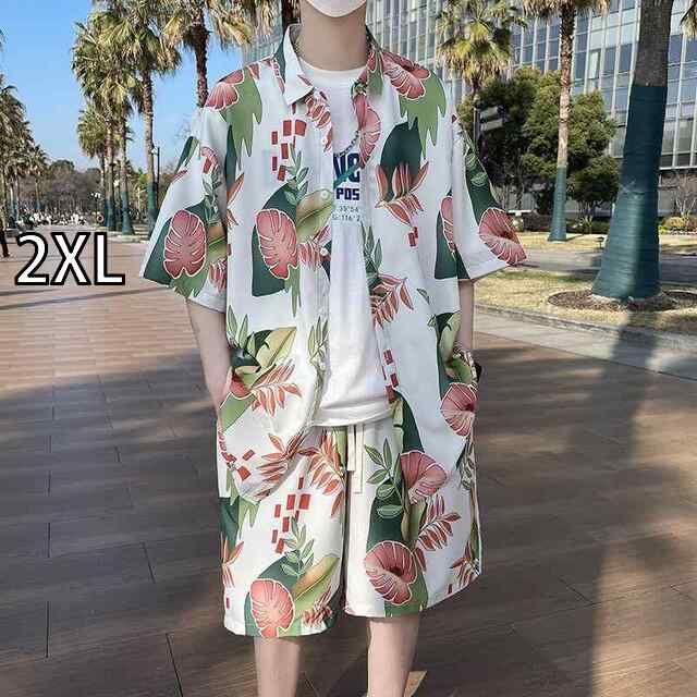 [2XL ]メンズ ファッション 服 男性用 オシャレ シンプル 大人 かっこいい ストリート 秋コーデ 派  南 植物柄 ビーチ セットアップ ゆったり 半袖 花柄 シャツ