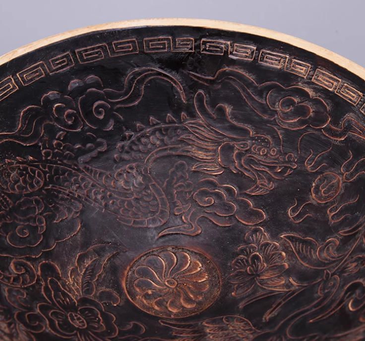 古代磁器を模した置物宋定窯彫刻烏金釉龍鳳碗景徳鎮客間装飾品