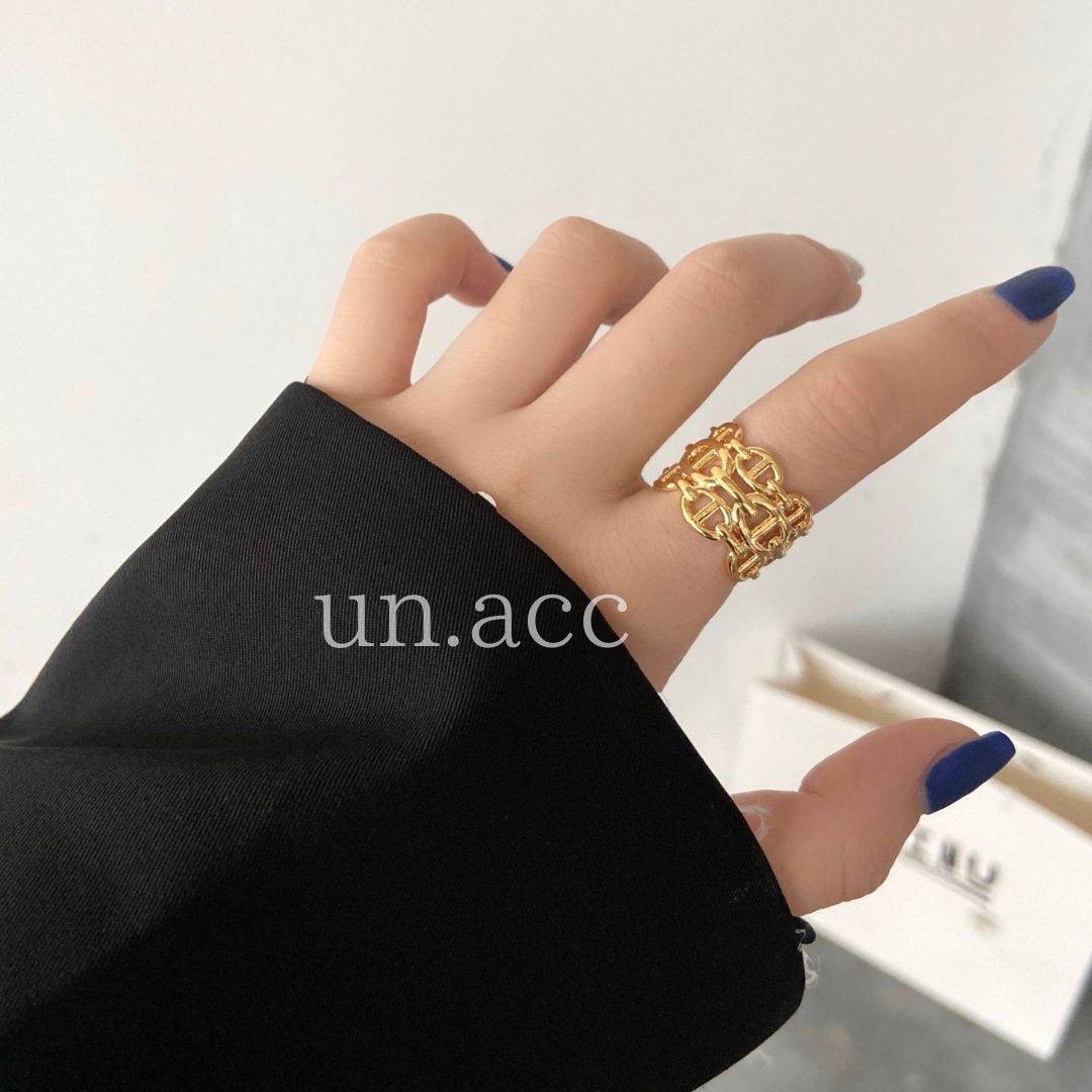 ステンレス ゴールド リング H モチーフ 3連 トリプルアンカーチェーン