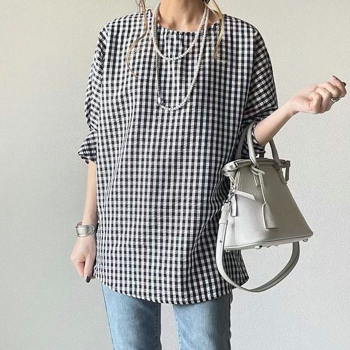 チェックシャツ パフスリーブ 半袖ブラウス レディース 30代 40