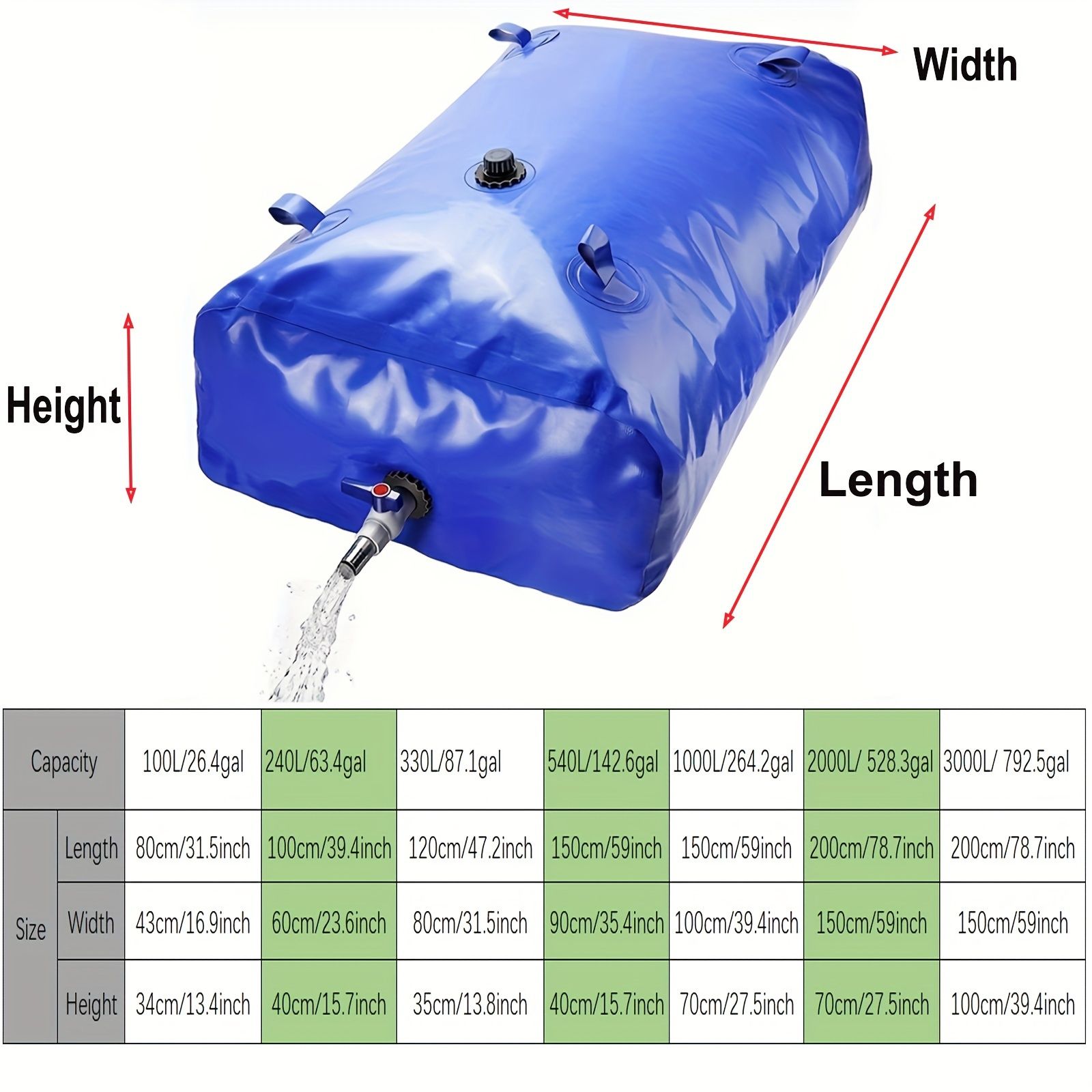 ポータブル水貯蔵バッグ - 100.01L|240.0L|350.0L 耐久性PVC製ボールバルブ付き 折りたたみ式でキャンプ ガーデニング アウトドア活動に便利