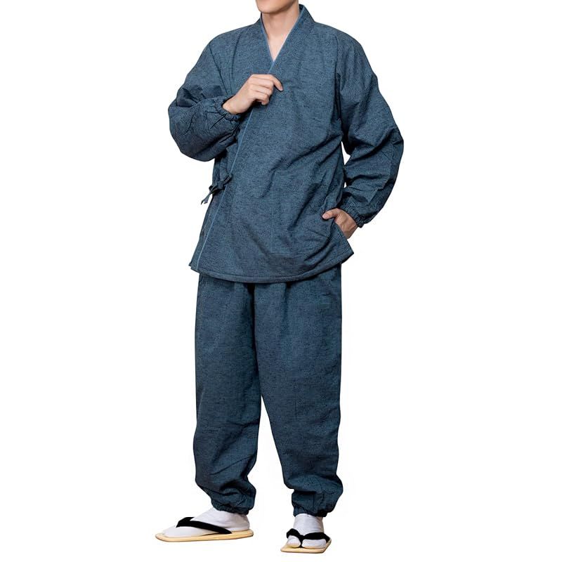 キョウエツ 作務衣 冬用 中綿入り 紬風生地 フリース裏地 16 メンズ LL 花紺