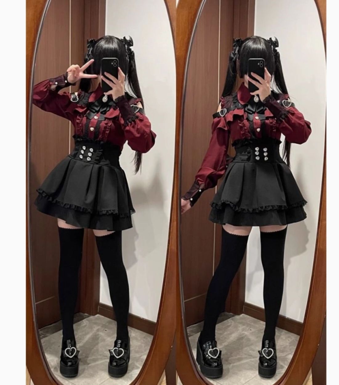 ダークメイク系少女スタイル 暗黒系ガールズスタイル三色露肩シャツ＋ハイウエストスカート2点セット