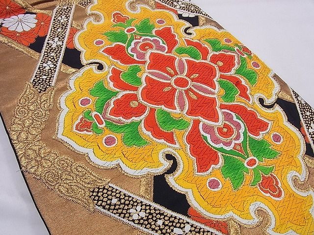 平和屋着物□六通柄袋帯 唐織 吉祥花菱文 黒地 金糸 逸品 n-cw0543  