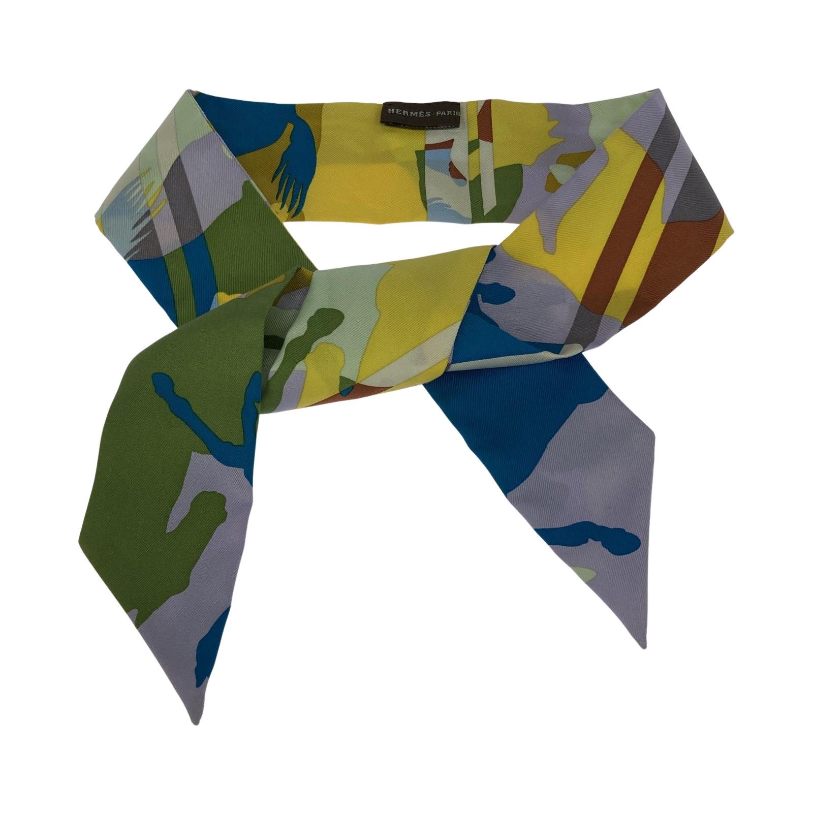 HERMES エルメス 総柄 ツイリースカーフ/ブルー×イエロー×グリーン 