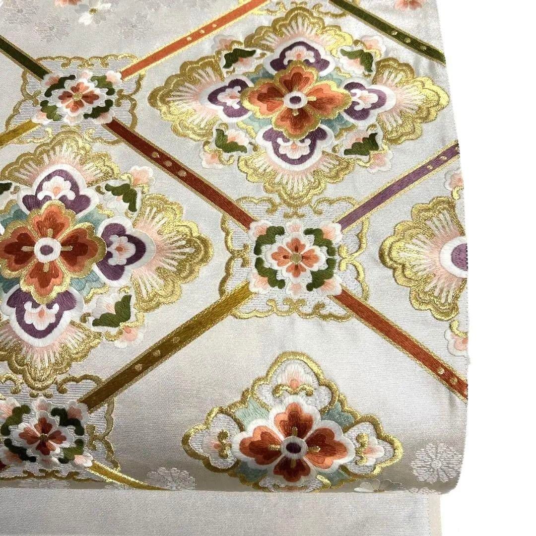 刺繍花菱菊花格子模様袋帯着物113a p