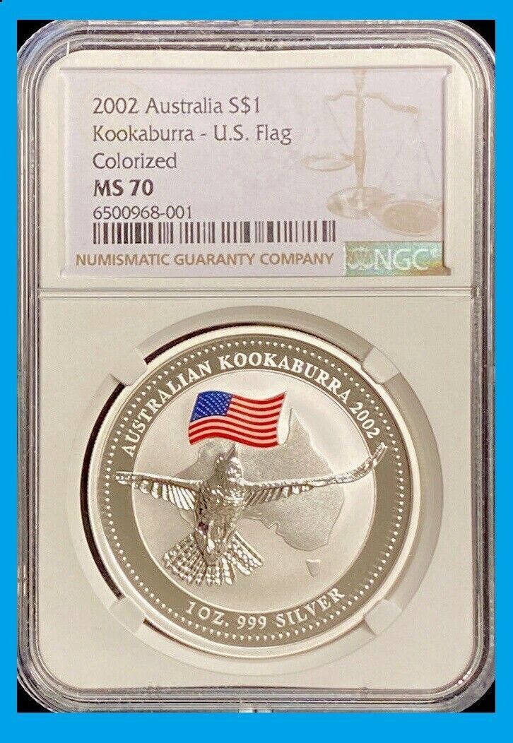 2002 Atralia Kookaburra COLIZED FLAG 1 Oz .999 Silver NGC MS70 POP 6