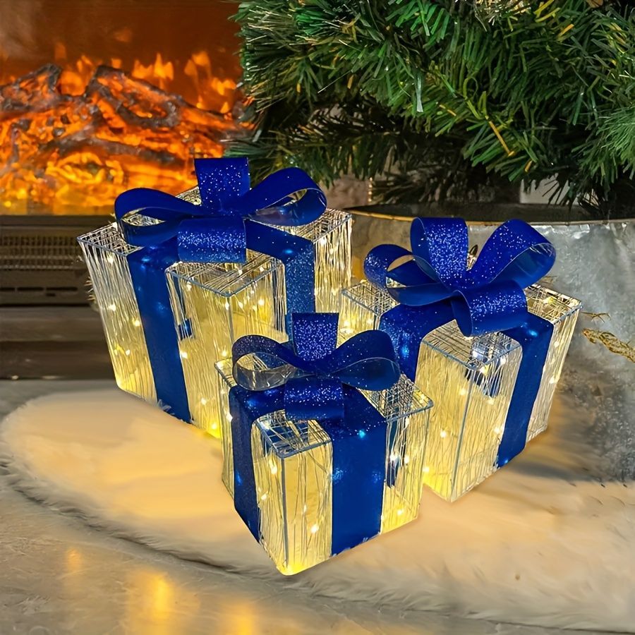 クリスマスギフトボックスライト 3個セット クリスマスオーナメント LED 装飾品 クリスマスイルミネーション クリスマスツリー 飾り 雰囲気満載 オーナメント クリスマスプレゼント ブルーリボン インテリア