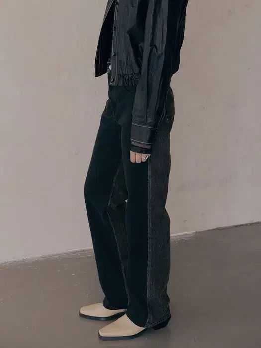 リユニ トーン オン トーン 黒 グレー デニム パンツ ズボン S
