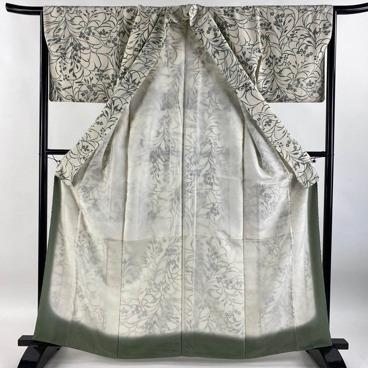 小紋 身丈163cm 裄丈66.5cm M 袷 袋帯セット 草花 縮緬 クリーム