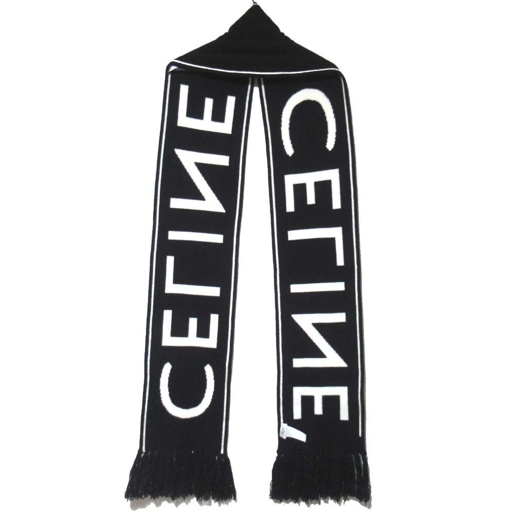 CELINE セリーヌ ウール カシミヤブレンド ロゴ フリンジ ニット マフラー ブラック×ホワイト メンズ 古着