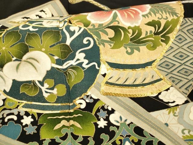 平和屋着物□豪華黒留袖 駒刺繍 向かい鳥更紗花文 金銀彩