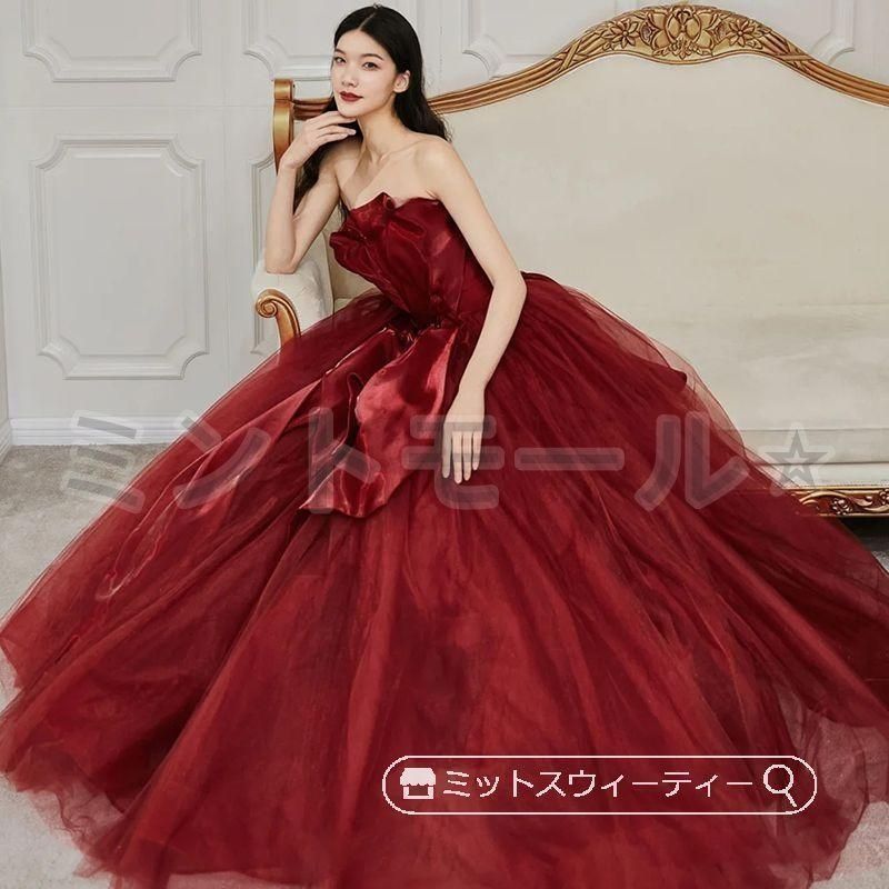 ドレス アンティークレッド 二次会 パーティードレス 演奏会 発表会 花嫁 結婚式 ウェディングドレス ビスチェドレス 赤 上品 ロング