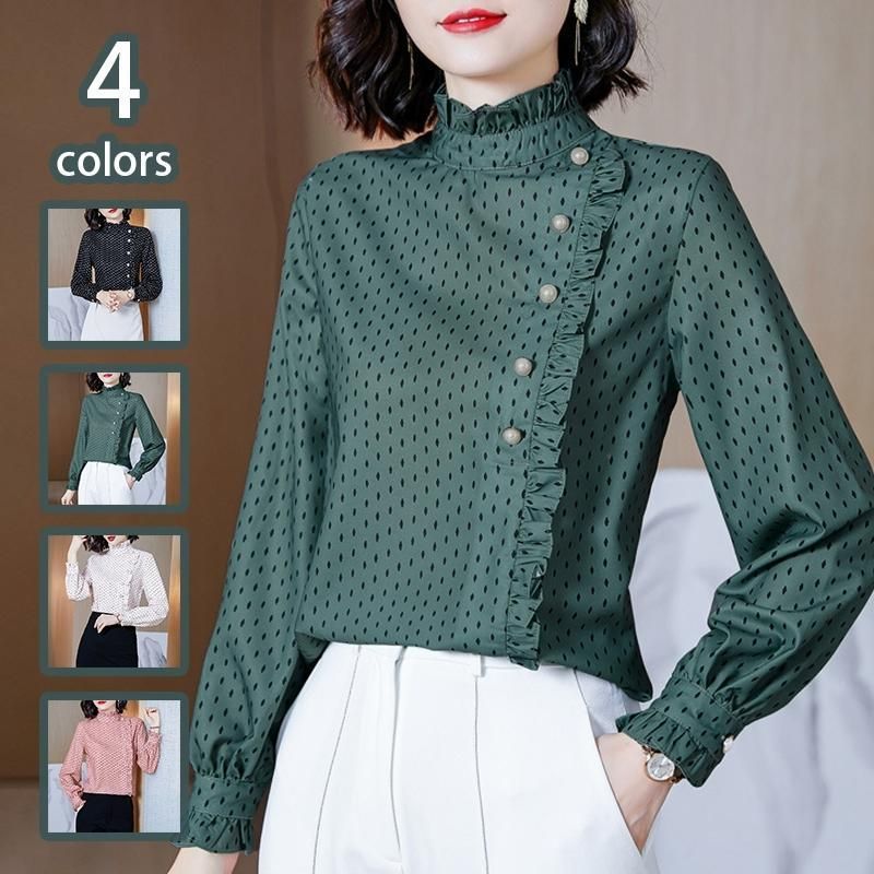 シャツ ブラウス レディース 長袖 スーツ インナー オフィス ビジネス 事務服 制服 フォーマル おしゃれ ワイシャツ 立ち襟 フリル スリム 白 ドット ホワイト 楽天市場】ビジネスシャツ レディース 長袖 ワイシャツ ブラウス