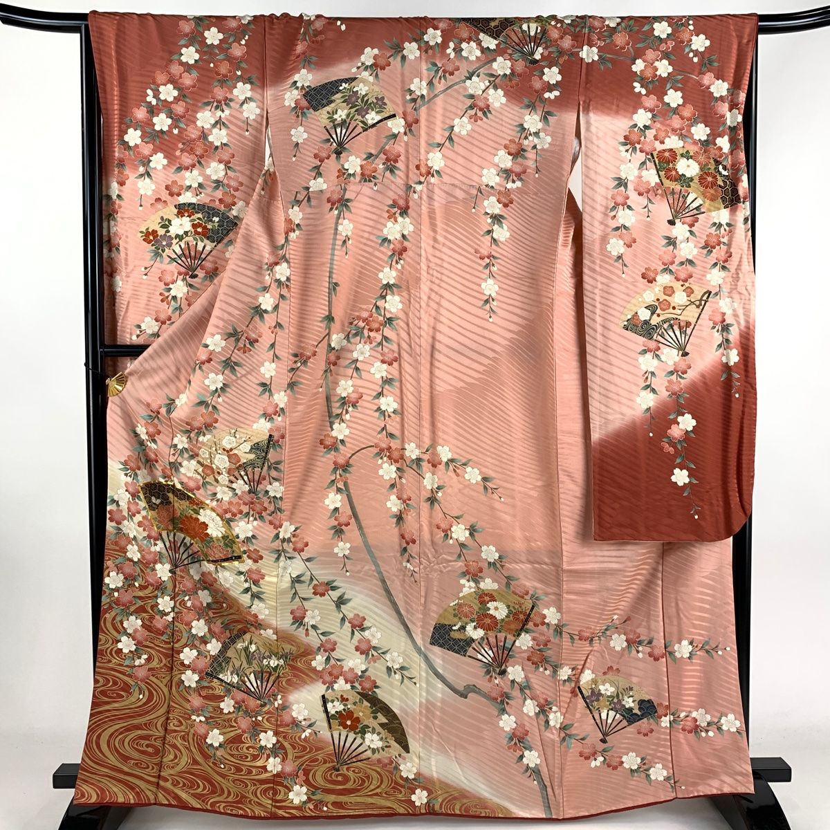 【初売り】 牡丹 扇 袷 M 裄丈66.5cm 身丈163.5cm 振袖 金糸 ピンク 金彩 着物・浴衣