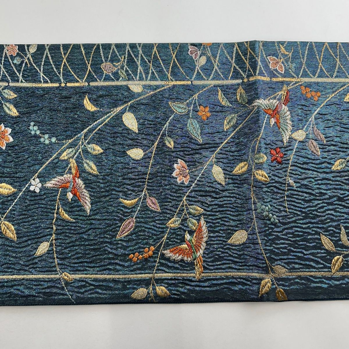 袋帯 美品 秀品 鳥 草花 金糸 箔 青緑 六通 正絹 【中古