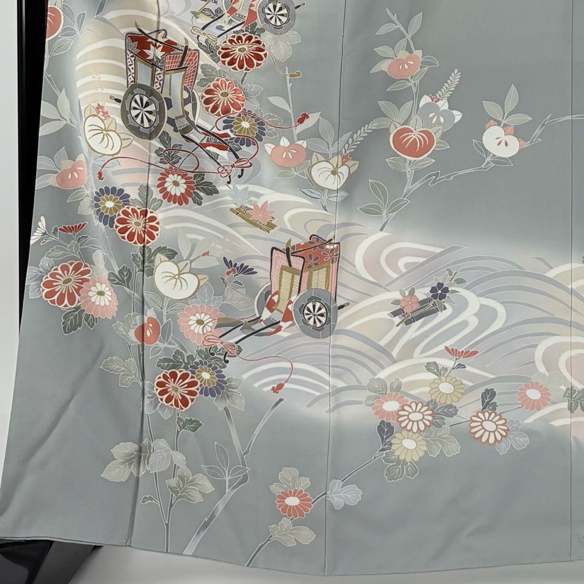 訪問着 身丈164.5cm 裄丈65.5cm M 袷 御所車 草花 金彩 灰色 正絹 秀品