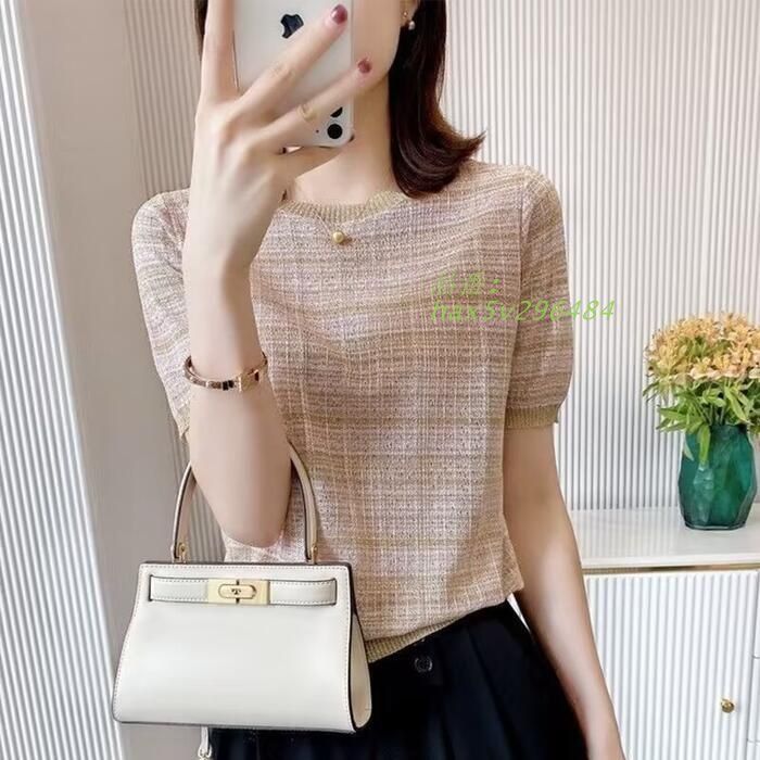 トップス ニット チェック カットソー シルク混 レディース おしゃれ フェミニン クルーネック 大人 エレきれいめ カジュアル ナチュラル 可愛い 半袖 hax5v296484