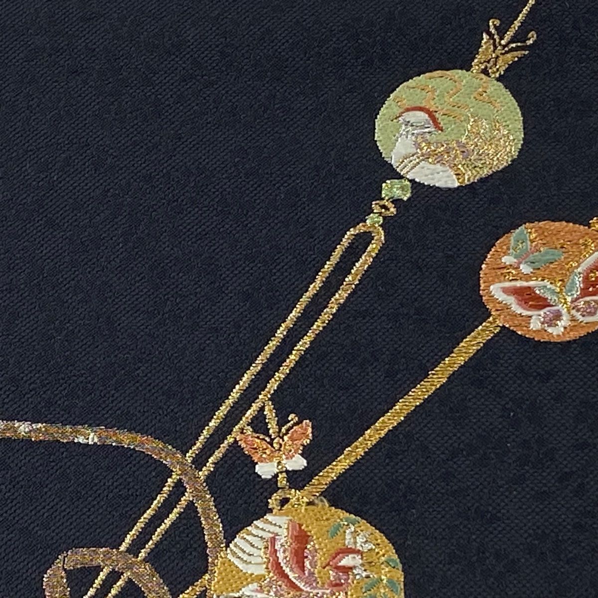 袋帯 秀品 綾織 簪 花鳥 刺繍 金糸 黒 六通 正絹 【中古
