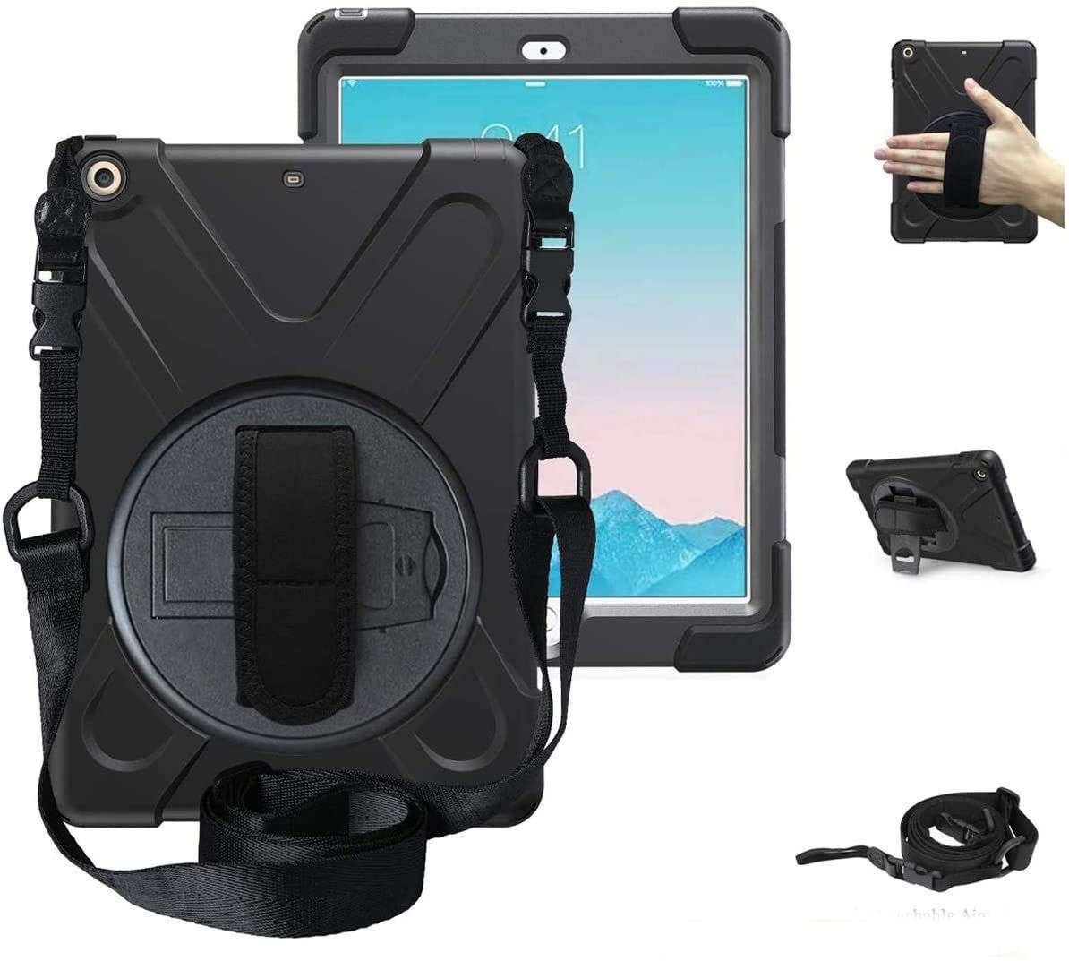A 1567 1566 モデル キッズ ハード アイパッド 防塵 傷つけ防止 仕事 頑丈 回転 エアー2 ショルダーストラップ 肩掛けー ハンドストラップ スタンド カバー 衝撃吸収 耐衝撃 ケース iPad ブラック