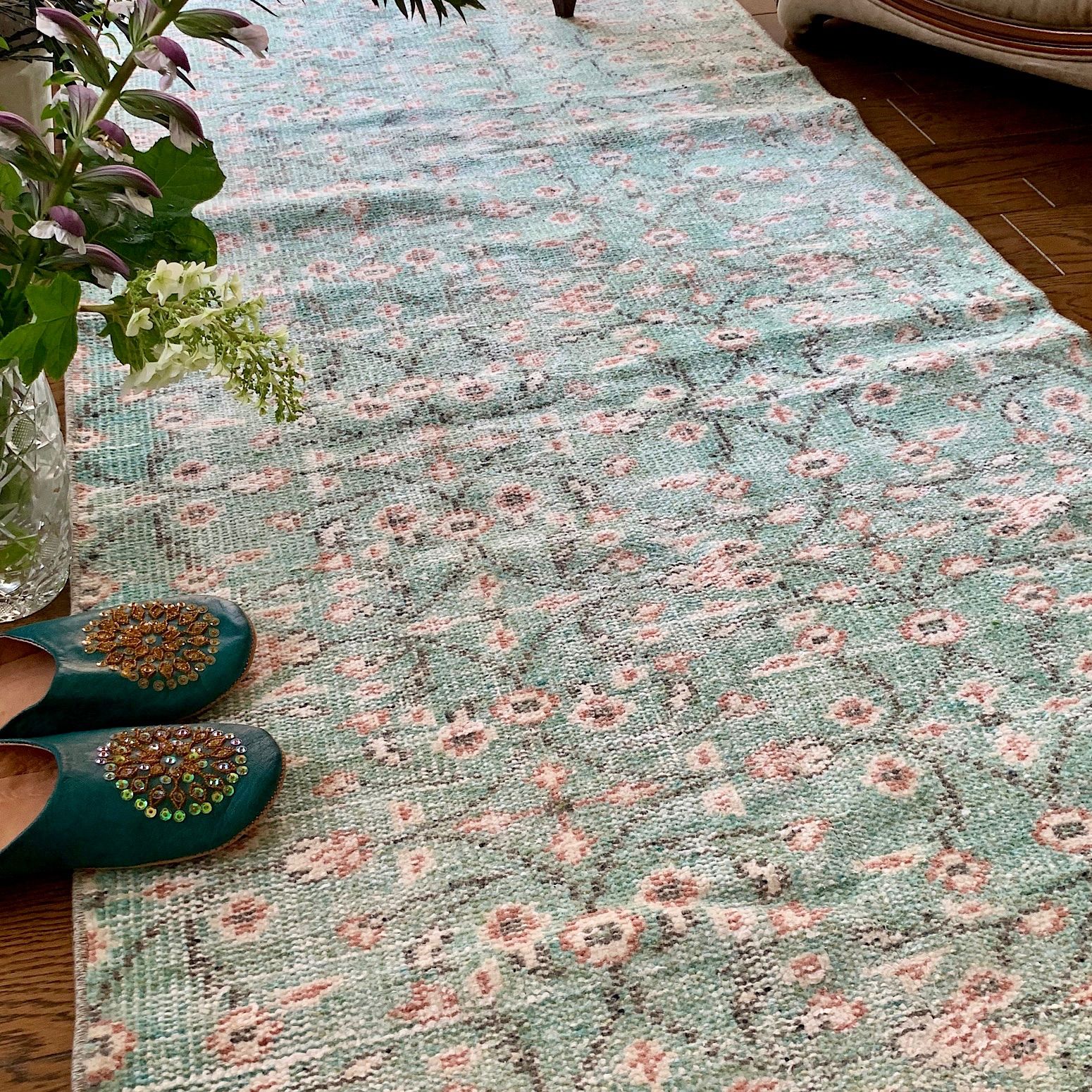トルコヴィンテージラグ大判212×90 レアピーコックグリーン