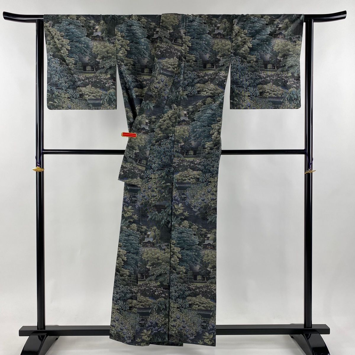 付下げ 身丈159cm 裄丈65cm M 袷 大島紬 恵積五郎 証紙 建物 樹木 墨色