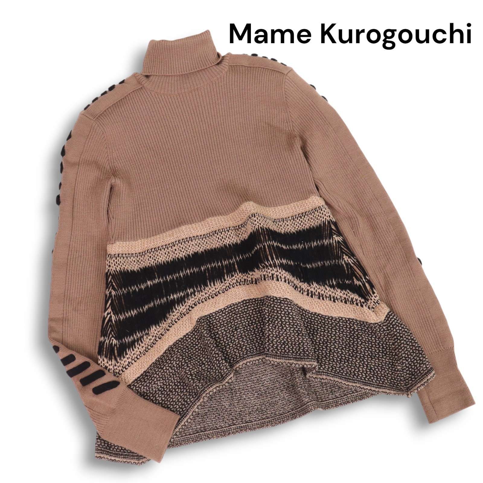 Mame Kurogouchi マメクロゴウチ Exotic Pattern Peplum Knit ウール♪ タートルネック ニット セーター Sz.2 レディース