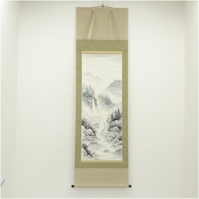 【本表装】肉筆掛け軸水墨画　山水画「山峡帆影」美術品　絵画　和室　茶室　床の間 富士山】水墨の山水画 掛け軸 掛軸 画家の手描き 中国書画 美術