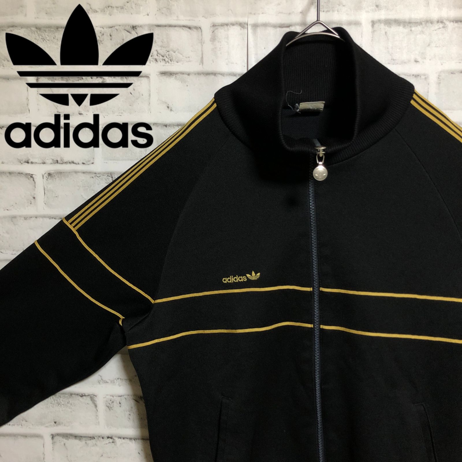 古着 アディダス adidas トラックジャケット ジャージ 刺繍ロゴ 黒×金 70s⭐️adidas トラックジャケット/ジャージ L 刺繍トレファイル