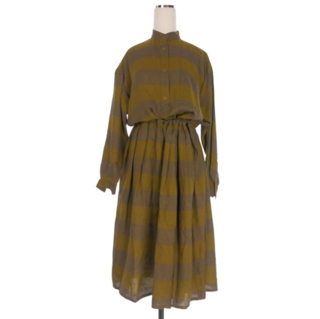 イッセイミヤケ ISSEY MIYAKE 70s ヴィンテージ チェック柄 バンドカラー ロングシャツワンピース ドレス 長袖 9 カーキ N24640