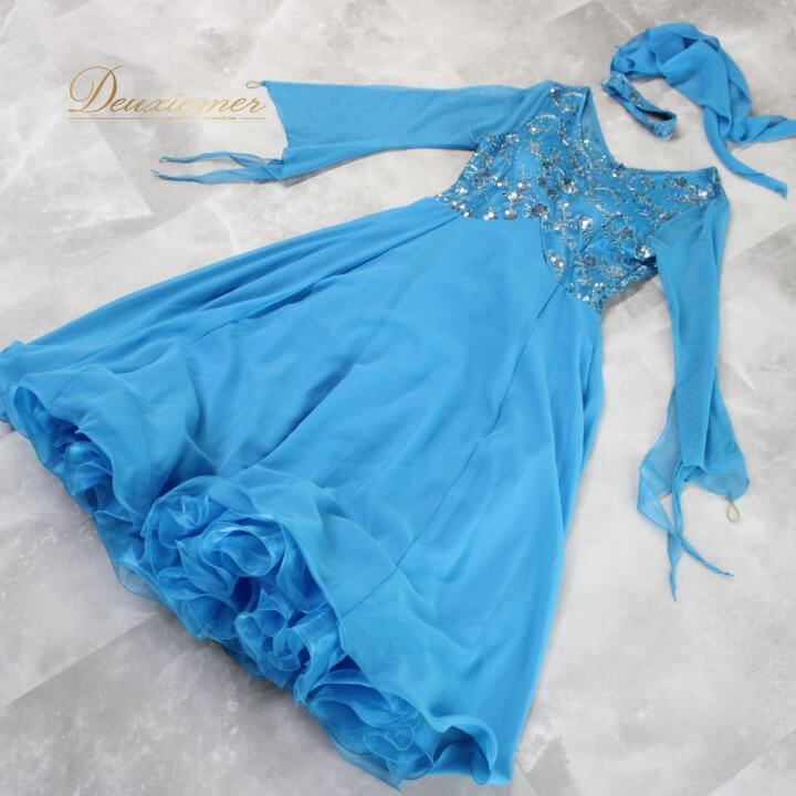 【美品 社交ダンス衣装】ワンピース ドレス leirena 水色 ライトブルー 社交ダンス 衣装 スタンダード ドレス ワンピース ステージ衣装