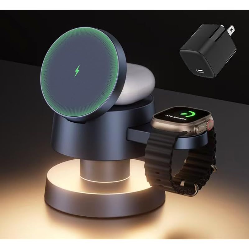iVANKY iPhone 16|15|14 Pro Max 用 4in1 充電器 Cube ワイヤレス充電ステーション MagSafe マグネット Wireless Charging Station 用ナイトランプ付き ポータブル トラベルスタンド 2 0