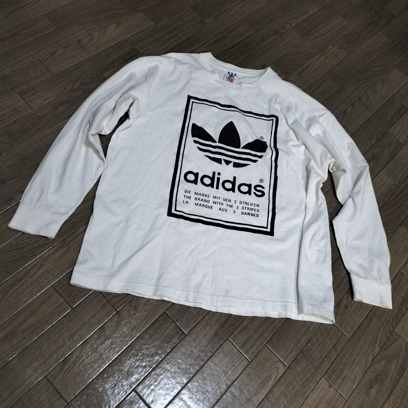 希少☆adidas 80s 90s USA製 ボックスロゴ ロングTシャツ カットソー トップス スポーツウェア 長袖 万国旗タグ トレフォイル  アディダス ビンテージ 古着 USED