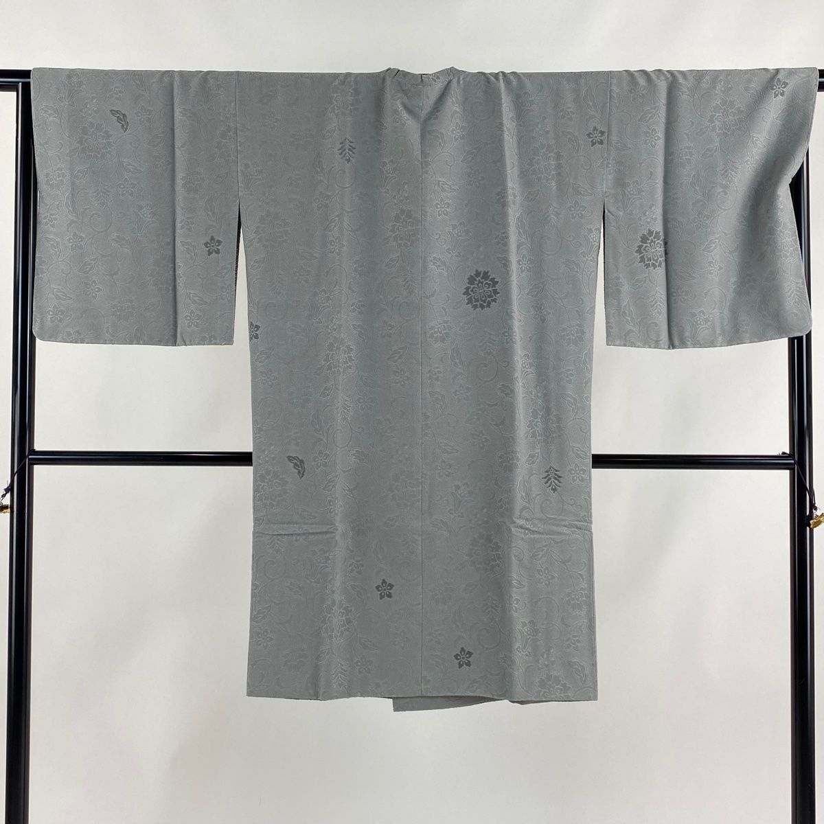 道行 身丈106cm 裄丈68cm L 和装コート 角衿 花唐草 灰色 正絹