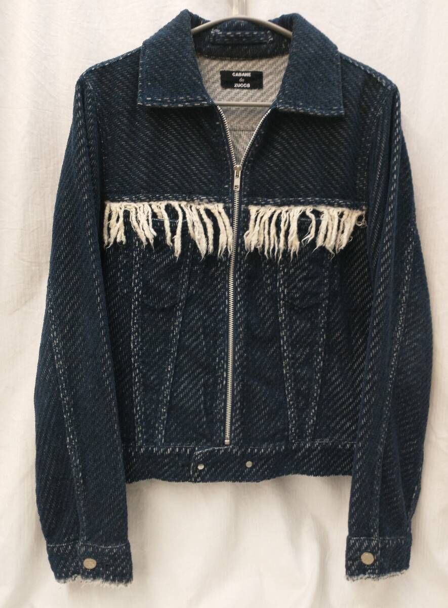 CABANE de ZUCCA ZIP UP WOOL JACKET ズッカ デニム風 ウール ジップアップ ジャケット S フリンジ 紺 ネイビー CZ24-FC571 